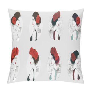 Personality  Portrait Of Young Beautiful Woman With Red Rose In Hair. Vector Hand Drawn Illustration. Pillow Covers