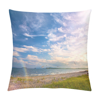 Personality  A Beach On The Sea, Sand And Waves, Seagulls Fly Over The Water. Pillow Covers
