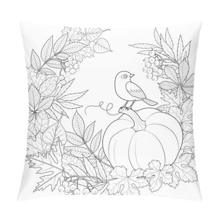Personality  Bird On A Pumpkin In A Wreath Of Autumn Leaves Black And White Vector Illustration Pillow Covers