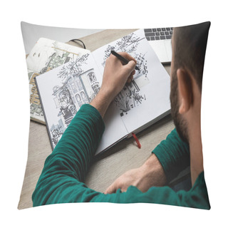 Personality  Back View Of Man Drawing In Album On Wooden Table Next To Laptop Pillow Covers