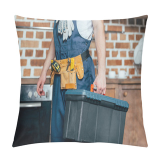 Personality  Cropped Shot Of Home Master With Tool Belt Holding Toolbox Pillow Covers