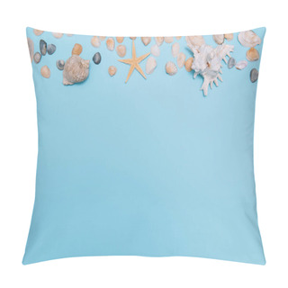 Personality  Flat Lay. Top View. Frame Of Shells Of Various Kinds On A Blue Background. Seashells And Starfish On A Pastel Background. Vacation Concept. Travel Concept. With Copy Space Pillow Covers