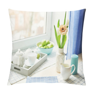 Personality  Dressing With A Tea Set And A Gerbera In A Vase On The Table Opposite The Window Pillow Covers