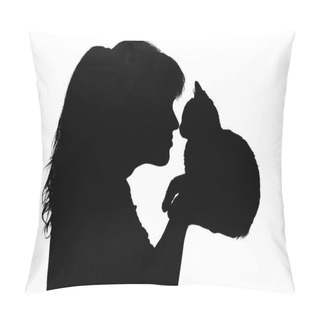 Personality  Silhouette Of A Beautiful Woman That Nose To Nose With A Small Kitten In Her Arms, The Concept Of Caring For Animals, Favorite Pets Pillow Covers