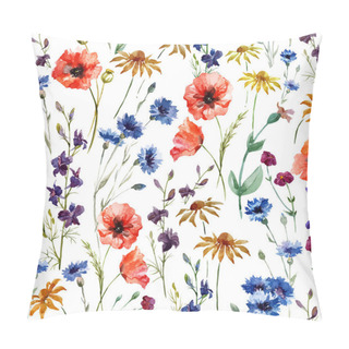 Personality Watercolor Poppy, Cornflower, Daisy Wild Flowers Background Pillow Covers