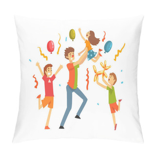 Personality  Cute Kids Celebrating Party, Happy Children Having Fun With Clown At Birthday, Carnival Party Or Circus Performance Vector Illustration Pillow Covers