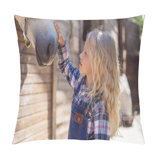 Personality  Side View Of Child Touching White Horse At Farm Pillow Covers