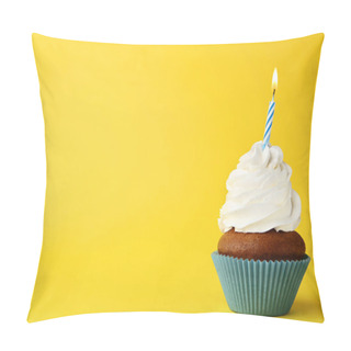 Personality  Tasty Cupcake With Candle On Yellow Background Pillow Covers
