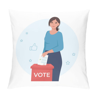 Personality  Woman Puts The Ballot In The Box. Election, Vote Concept. Vector Illustration In Flat Style Pillow Covers