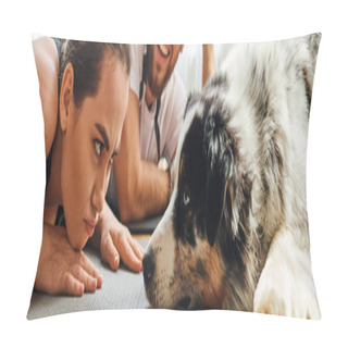 Personality  Displeased Woman Looking At Border Collie Near Smiling Boyfriend On Fitness Mat At Home,banner Pillow Covers
