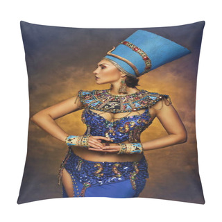 Personality  Beautiful Woman In Nefeftiti Costume Over Yellow Blue Studio Background Pillow Covers