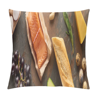 Personality  Panoramic Shot Of Raw Salmon With Eggs, Cheese, Grape, Baguette And Rosemary Twig On Marble Surface Pillow Covers