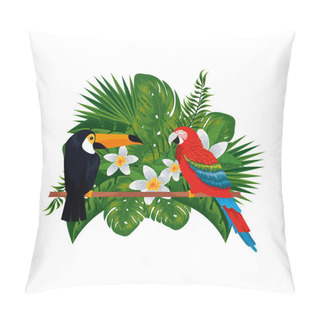 Personality  Tropical And Exotic Parrot And Toucan With Floral Decoration Pillow Covers