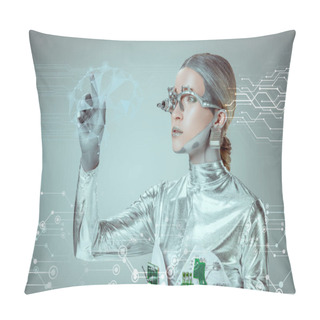 Personality  Futuristic Silver Cyborg Gesturing With Hand And Looking At Digital Data Isolated On Grey, Future Technology Concept   Pillow Covers
