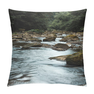 Personality  Wet Rocks Near Flowing Brook And Green Trees In Woods  Pillow Covers