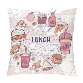 Personality   Fastfood Collection Elements With Lettering Words, Pattern Background. Pillow Covers