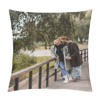 Personality  Full Length Of Redhead Man And Blonde Woman In Coat Smiling While Having Date In Park  Pillow Covers