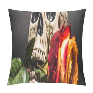 Personality  Orange Flower In Teeth Of Creepy Skull On Black, Banner Pillow Covers