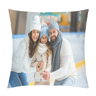 Personality  Portrait Of Cheerful Parents And Daughter In Sweaters Looking At Camera On Skating Rink Pillow Covers