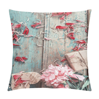 Personality  Background With Pink Peony, Peonies Petals, Gift Box And A Woode Pillow Covers
