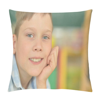 Personality  Close Up Portrait Of Boy Posing With Hand On Chin Pillow Covers