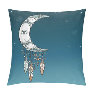 Personality  Native American Indian Talisman Dreamcatcher With Feathers. Magic Horn A Crescent. Ethnic Design, Boho Chic, Tribal Symbol. Background - The Night Sky. Vector Illustration. Pillow Covers
