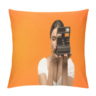 Personality  Young Woman Taking Photo On Vintage Camera Isolated On Orange  Pillow Covers