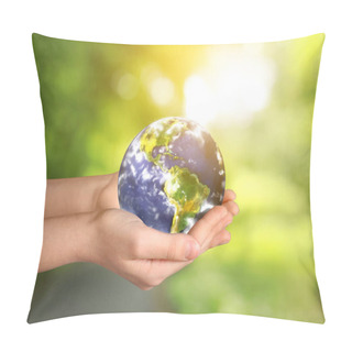 Personality  Hands Of Little Child With Planet On Blurred Background. Earth Day Celebration Pillow Covers