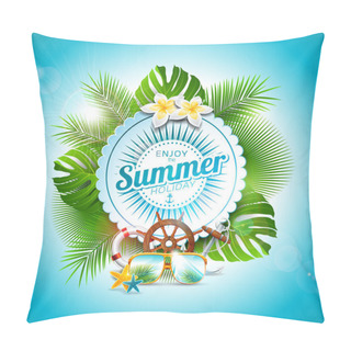 Personality  Vector Enjoy The Summer Holiday Typographic Illustration On White Badge And Tropical Plants Background. Flower, Sunglasses And Marine Elements With Blue Sky. Design Template For Banner, Flyer Pillow Covers