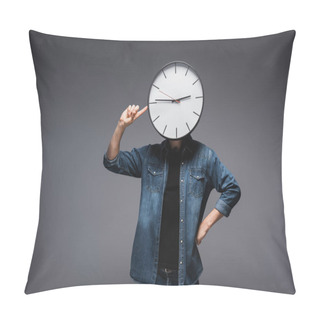 Personality  Man With Clock On Head Pointing With Finger On Grey Background, Concept Of Time Management  Pillow Covers