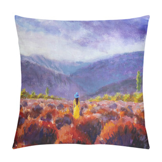Personality  Impressionism Acrylic Oil Painting On Canvas. Beautiful Girl In A Yellow Dress Stands In A Red Flower Field, Lavender Field. Summer Warm Flower Landscape Illustration Pillow Covers