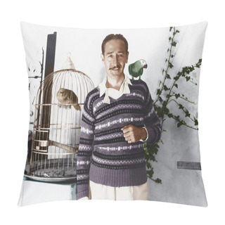 Personality  Man Posing With Pet Birds Pillow Covers