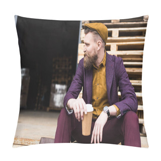 Personality  Stylish Bearded Businessman Sitting On Street With Paper Cup In Hands Pillow Covers