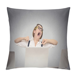 Personality  Yawning Business Woman Sitting At Desk With Computers Pillow Covers