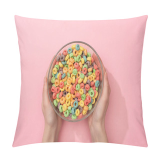 Personality  Cropped View Of Woman Holding Bright Colorful Breakfast Cereal In Bowl On Pink Background Pillow Covers