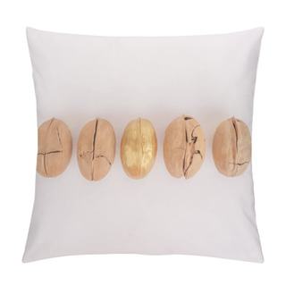 Personality  Different Concept. A Strong Walnut Is Highlighted In Gold Against A Background Of Cracked Nuts. Pillow Covers