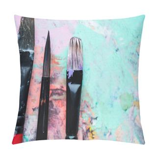 Personality  Close-up View Of Artistic Brushes On Palette Covered With Colorful Paint Spots Pillow Covers