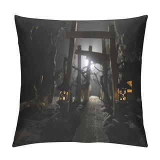 Personality  Creative Artwork Decoration. Abstract Japanese Style Wooden Tunnel At Night. Night Scene In Fantasy Forest. Selective Focus Pillow Covers