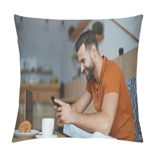 Personality  Happy Freelancer Messaging On Smartphone Near Laptop And Breakfast In Cafe  Pillow Covers