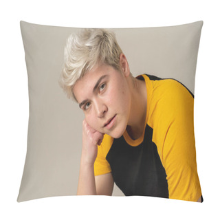 Personality  Portrait Of Young Attractive Stylish Fashion Teenager Confident And Happy With His Gender Identity. Trans Boy Posing In Cool Urban Fashion T Shirt. In Beauty, Transgender People And Equality Concept. Pillow Covers
