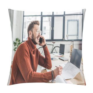 Personality  Smiling Male Architect Sitting At Desk, Talking On Smartphone And Working On Blueprints In Loft Office Pillow Covers