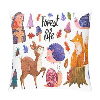 Personality  Watercolor Set Of Forest Animals And Plants In A Cartoon Style. Hand Drawn Illustration Isolated On A White Background With Fox, Hedgehogs, Snails, Deer, Mushrooms, Leaves, Trees. Pillow Covers