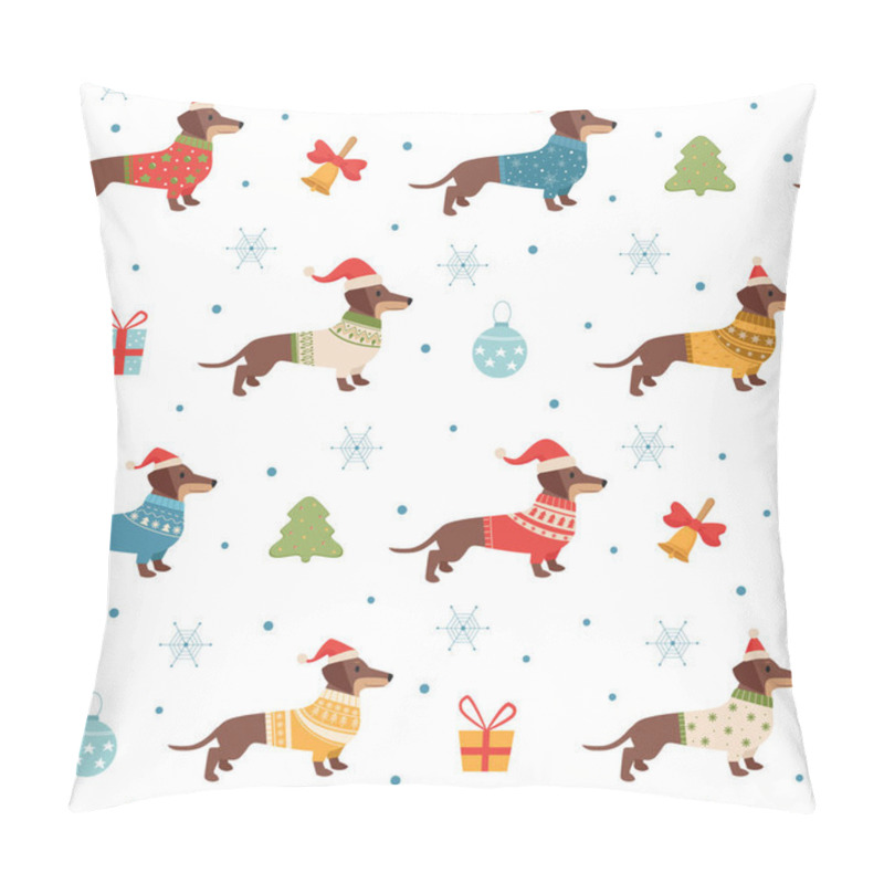 Personality  dachshund pattern. christmas seasonal template with long dog in winter knitted sweaters clothes for pets. Vector seamless background pillow covers