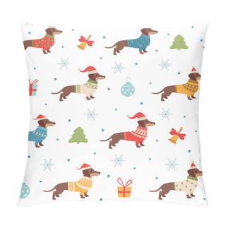 Personality  Dachshund Pattern. Christmas Seasonal Template With Long Dog In Winter Knitted Sweaters Clothes For Pets. Vector Seamless Background Pillow Covers