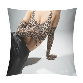 Personality  Cropped View Of Seductive Woman With Slender Body Wearing Leopard Print Crop Top, Long Gloves And Black Latex Pants, Sitting On Grey Background, Sexy Fashion Trend, Modern Self-expression Pillow Covers