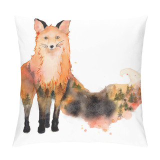 Personality  Watercolor Fox With Double Exposure Effect Animal Illustration Isolated On White Background. Pillow Covers