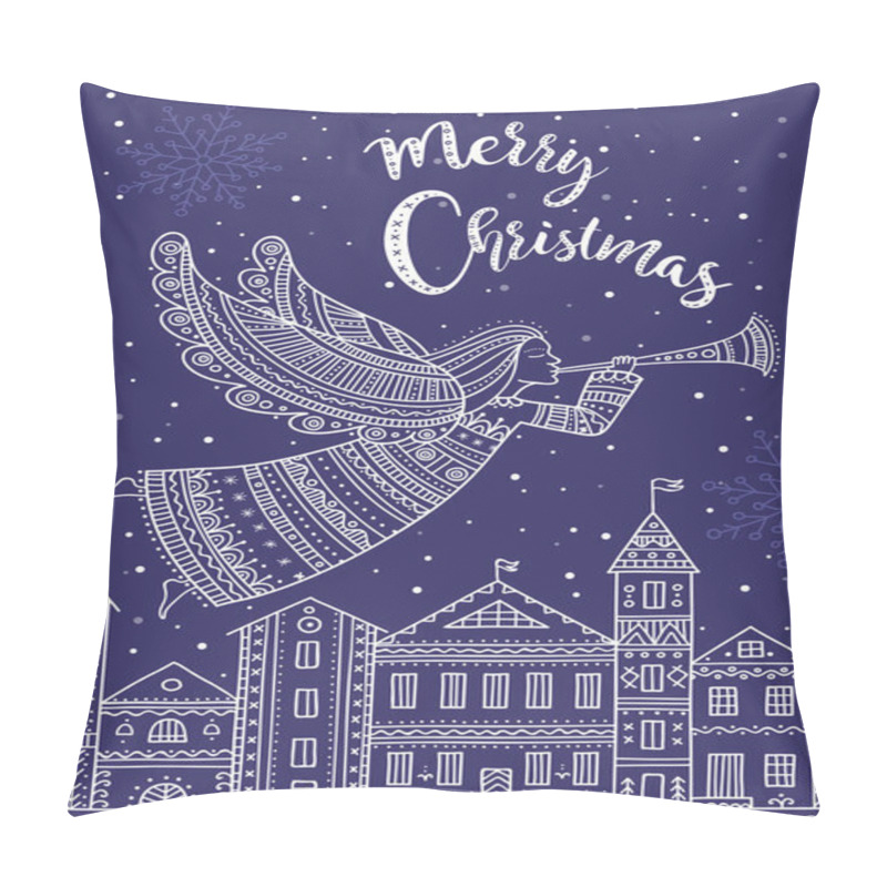 Personality  Merry Christmas angel with horn  flying above night city pillow covers