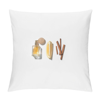 Personality  Composition With Bottle Of Elegant Perfume And Ingredients On White Background Pillow Covers