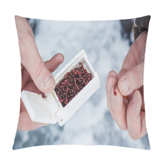 Personality  Men's Hands With Bait For Winter Fishing. Winter Fishing. Pillow Covers