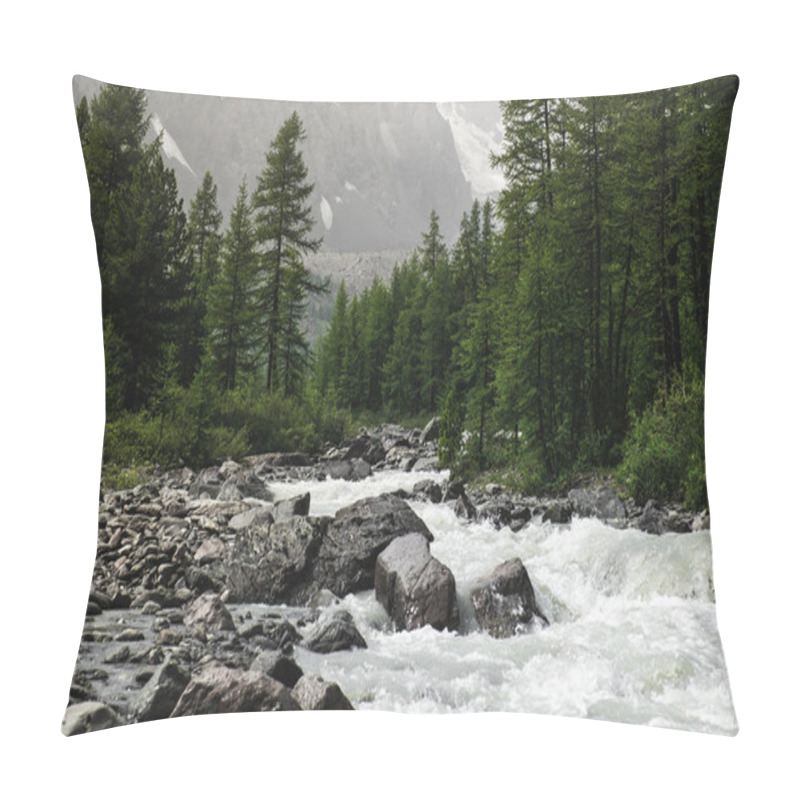Personality  Tall Spruce, Coniferous Trees Grow Along The Coast Strewn With Stones. Snow-capped Mountains In The Background Of Stormy Water. Surved Riverbed Of A Cold Mountain River. Nature Of The Altai Mountains. Pillow Covers